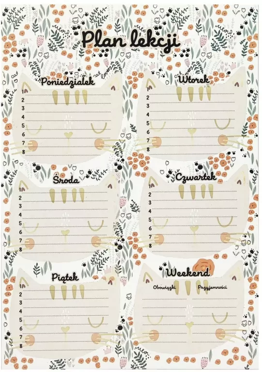 Plan lekcji z tabliczką mnożenia A4 Koty - tantis.pl