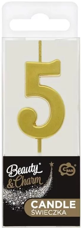 Świeczka piker 9,5cm. Metaliczna złota. Cyfra 5 - tantis.pl