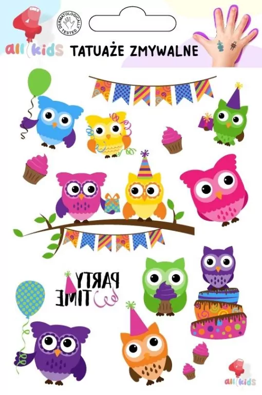 Tatuaże zmywalne dla dzieci. Kolorowe sówki - tantis.pl