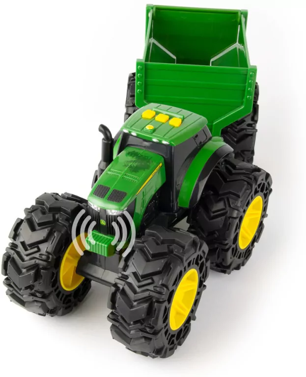 TOMY. John Deere Monster Traktor z przyczepą światło i dźwięk - tantis.pl