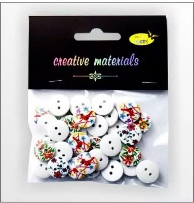 Guziki drewniane białe nadruk kwiaty 15mm 15g - tantis.pl