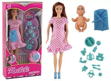 Lalka w ciąży różowa sukienka z akcesoriami