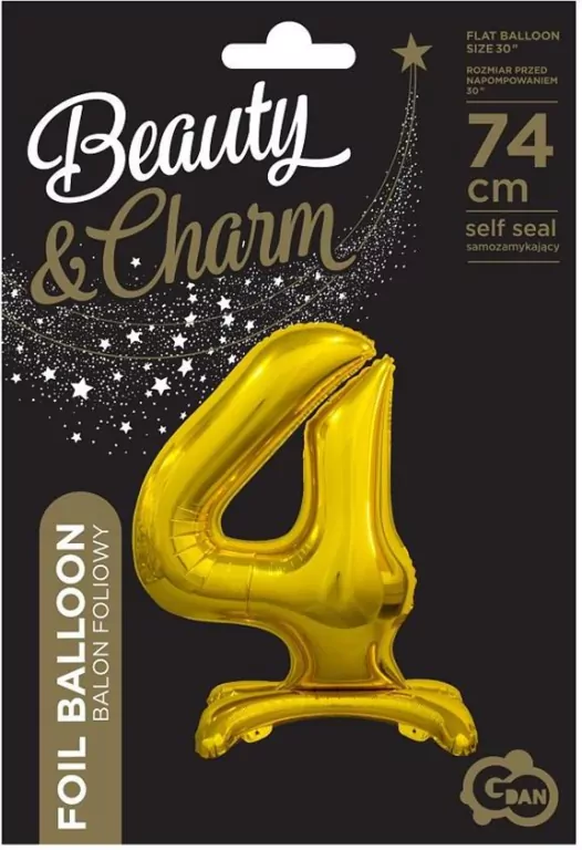 Balon foliowy B&C Cyfra stojąca 4 złota 74cm - tantis.pl