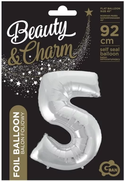 Balon foliowy cyfra 5 Beauty&Charm srebrna 92cm - tantis.pl