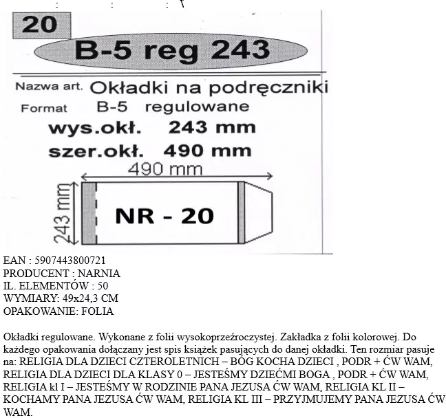 Okładka na podr B5 regulowana nr 20  NARNIA - tantis.pl