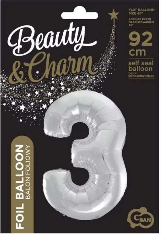 Balon foliowy cyfra 3 Beauty&Charm srebrna 92cm - tantis.pl