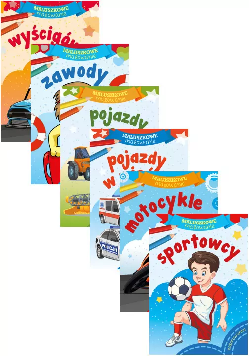 Pakiet: Pojazdy w mieście / Pojazdy na wsi / Motocykle / Sportowcy / Zawody / Wyścigówki. Maluszkowe malowanie - tantis.pl