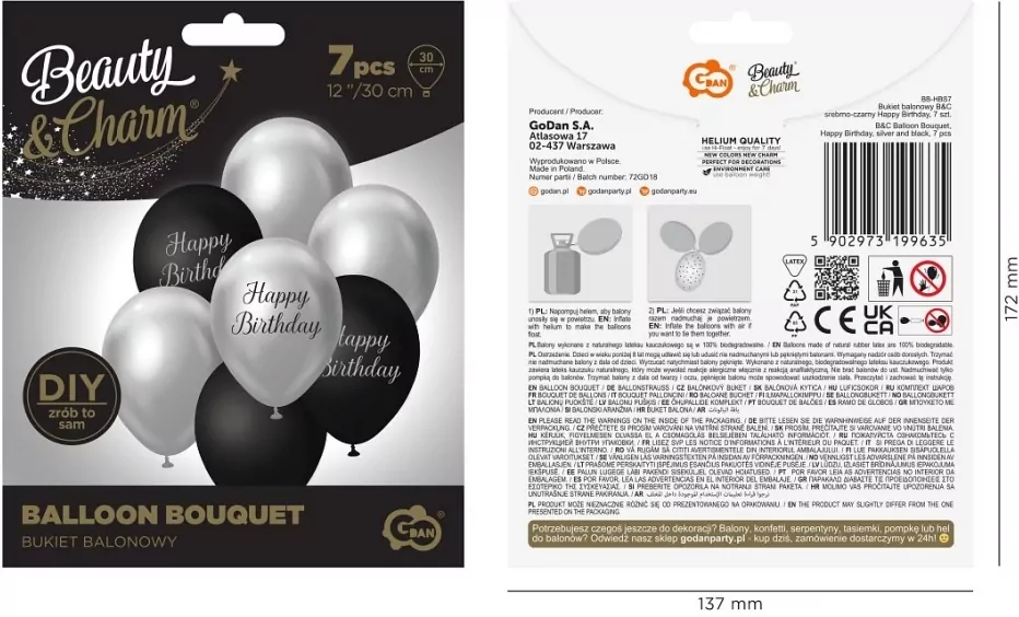 Balony B&C srebrno-czarny Happy Birthday - tantis.pl