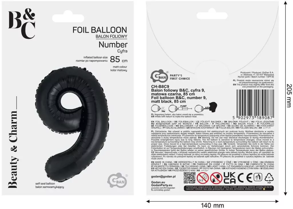 Balon foliowy B&C cyfra 9 matowa czarna 85cm - tantis.pl