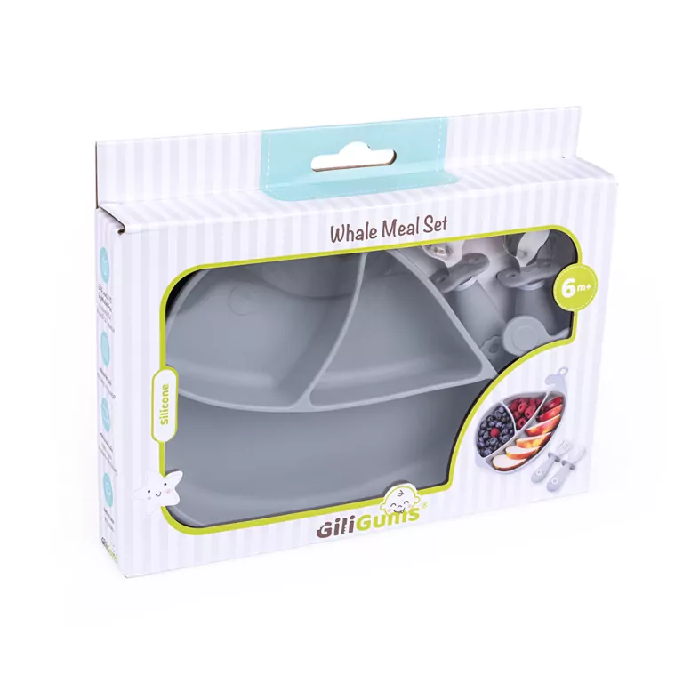 Silikonowy Talerz i sztućce. Wieloryb szary - tantis.pl