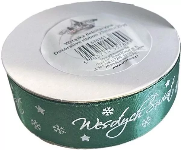 Wstążka satynowa Wesołych Świąt 25mm zielona - tantis.pl