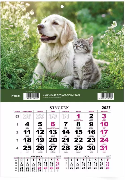 Kalendarz 2027 Jednodzielny ekonomiczny Pies i Kot - tantis.pl