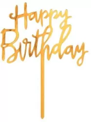 Dekoracja akrylowa B&C na tort Happy Birthday złota 14x10 cm PF-DAKH