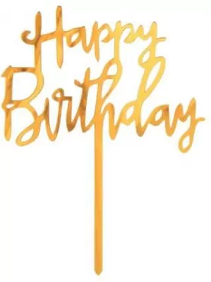 Dekoracja akrylowa B&C na tort Happy Birthday złota 14x10 cm PF-DAKH