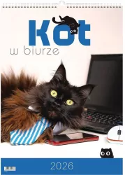 Kalendarz 2026 wieloplanszowy kot w biurze
