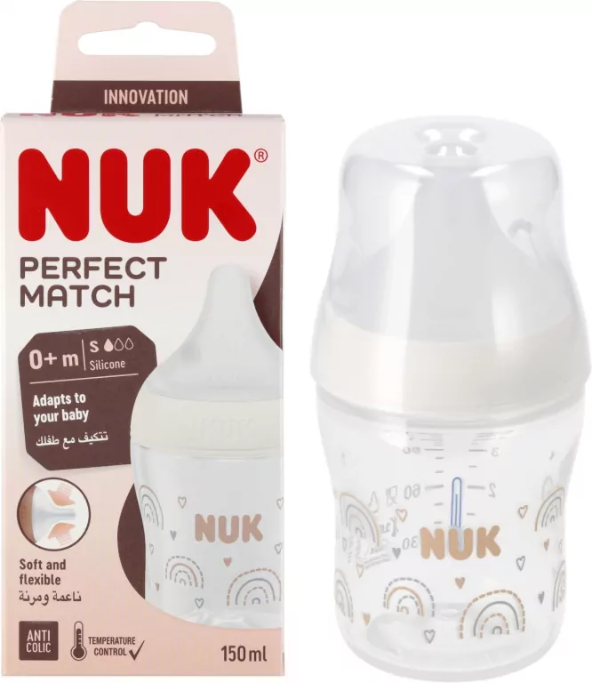 NUK. Perfect Match. Butelka z silikonowym smoczkiem. 150 ml. Tęcza - tantis.pl