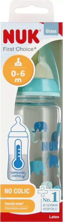 NUK. Perfect Match. Butelka szklana. 240ml. 0-6 miesięcy. Niebieskie słonie. - tantis.pl