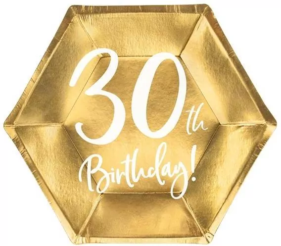 Talerzyki 30th Birthday złote 20cm 6szt - tantis.pl
