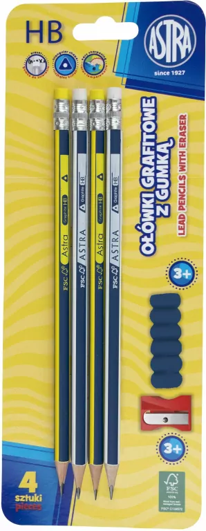 Astra. Ołówki grafitowe z gumką, temperówką i nakładką, 4 sztuki - tantis.pl