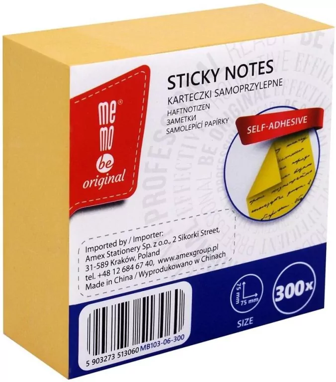 Bloczek samoprzylepny 75x75mm 300K żółty MemoBe - tantis.pl