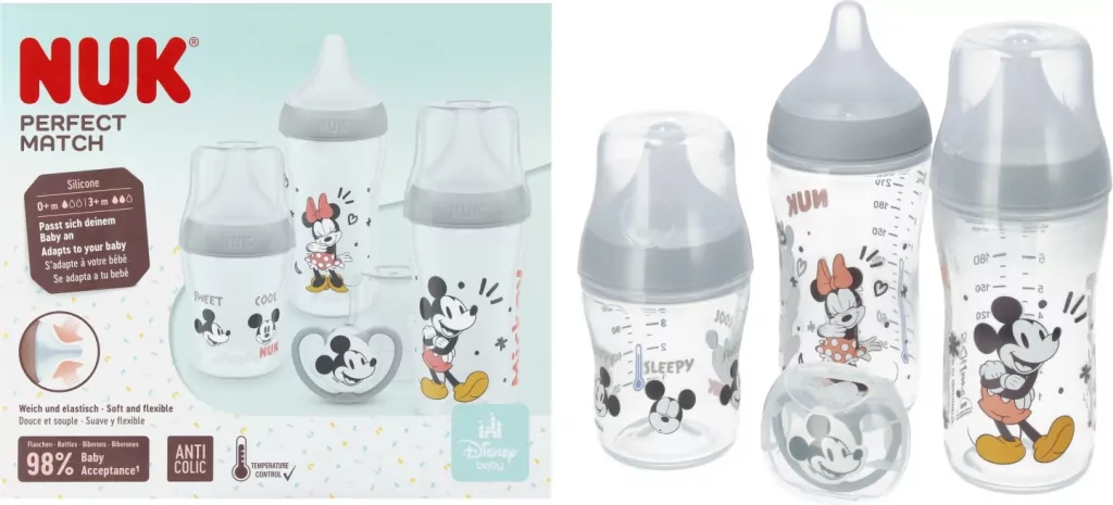 NUK. Perfect Match. Zestaw 4-częściow: 3 butelki, 1 smoczek. Mickie i Minnie - tantis.pl
