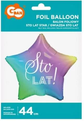 Balon foliowy Sto Lat, gwiazda gradient 48cm - tantis.pl