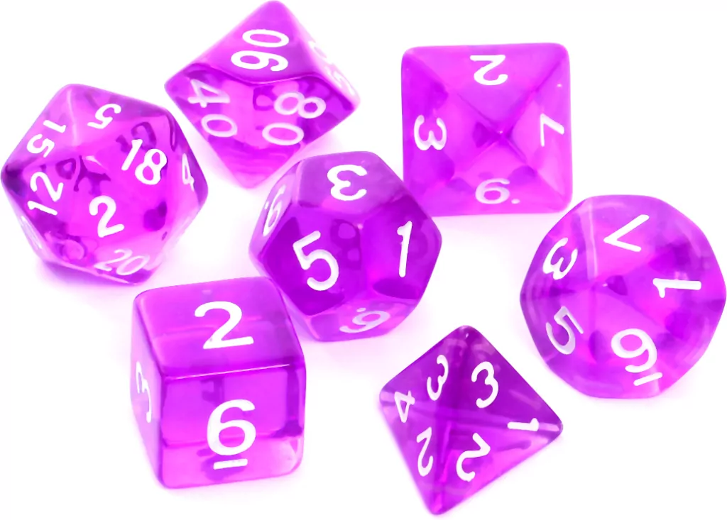 Komplet kości RPG. Fioletowe. Kryształowe. REBEL - tantis.pl