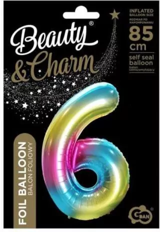 Balon foliowy. Cyfra 6. Tęczowy 85cm - tantis.pl