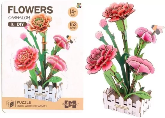 Puzzle 3D drewniane kwiaty goździki