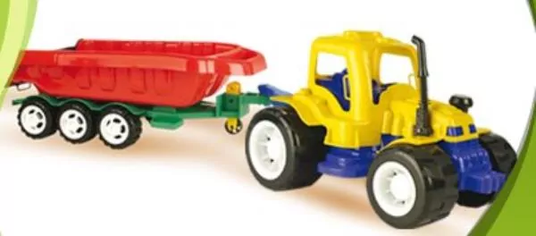 Traktor żółto-niebieski z czerwoną przyczepą LESZKO - tantis.pl
