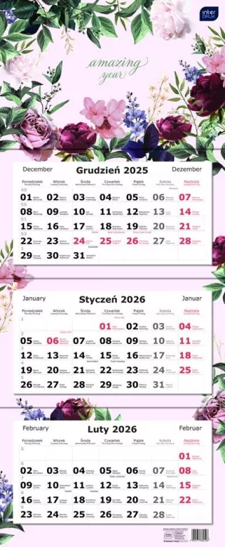 Kalendarz 2026 trójdzielny 82,5x34cm Kwiaty - tantis.pl