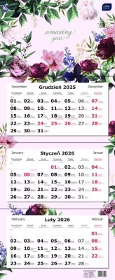Kalendarz 2026 trójdzielny 82,5x34cm Kwiaty