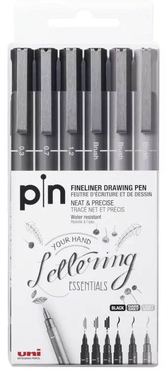 Cienkopis kreślarski szary różne grubości. Zestaw, 6 sztuk - tantis.pl