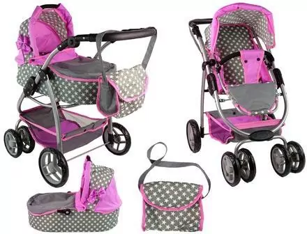 Wózek dla lalek 2w1 z torbą rózowy w gwiazdki - tantis.pl