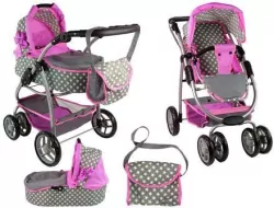 Wózek dla lalek 2w1 z torbą rózowy w gwiazdki
