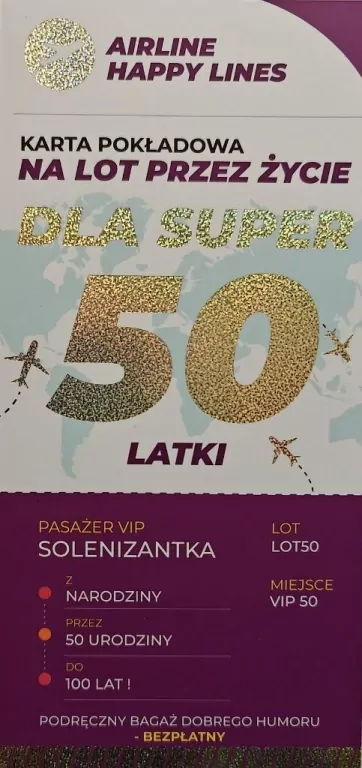 Karnet karta pokładowa 50 urodziny damskie - tantis.pl
