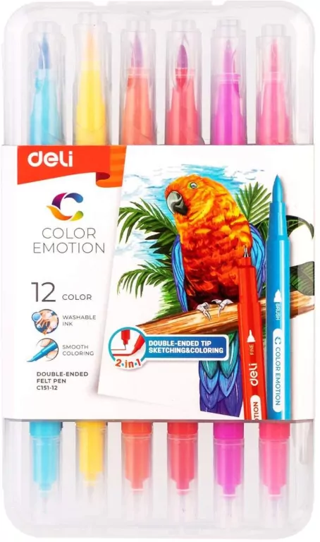 Flamastry dwustronne Color Emotio 12 kolorów DELI - tantis.pl