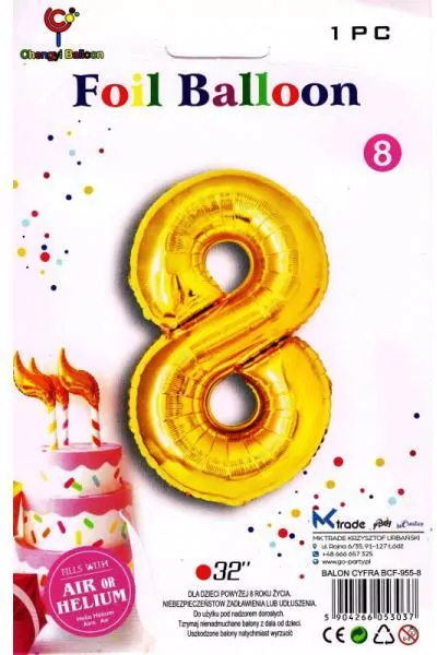 Balon foliowy złoty cyfra 8, wys.81 cm BCF-955-8 - tantis.pl