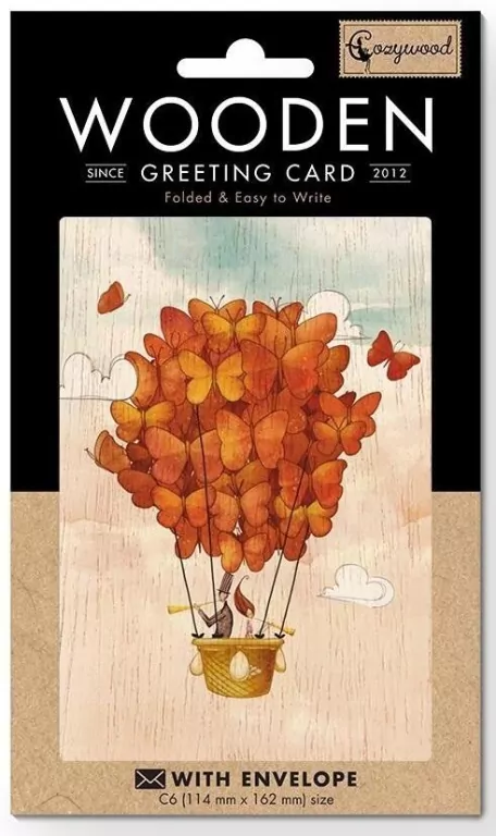 Karnet drewniany C6 + koperta. Ślub, Balon z motyli - tantis.pl