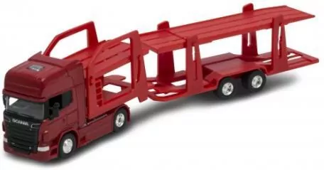 Tir Scania V8 R730 1:64 czerwona laweta WELLY - tantis.pl