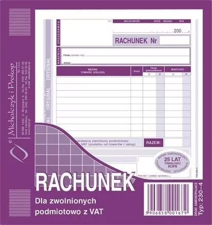 Rachunek dla zwolnionych podmiotowo z VAT 230-4 - tantis.pl