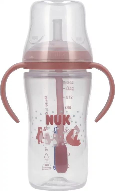 NUK. Butelka do nauki picia ze słomką. 260 ml. Miś - tantis.pl