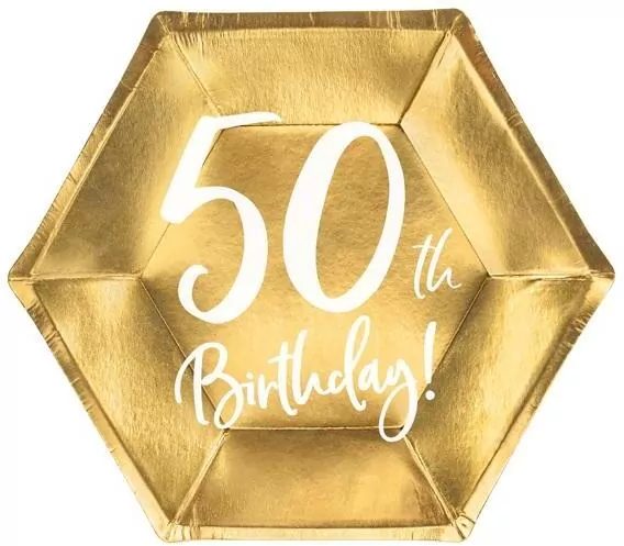 Talerzyki 50th Birthday złote 20cm 6szt - tantis.pl