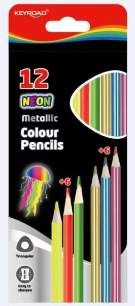 Kredki ołówkowe trójkątne. Metaliczne i neonowe. 12 sztuk - tantis.pl