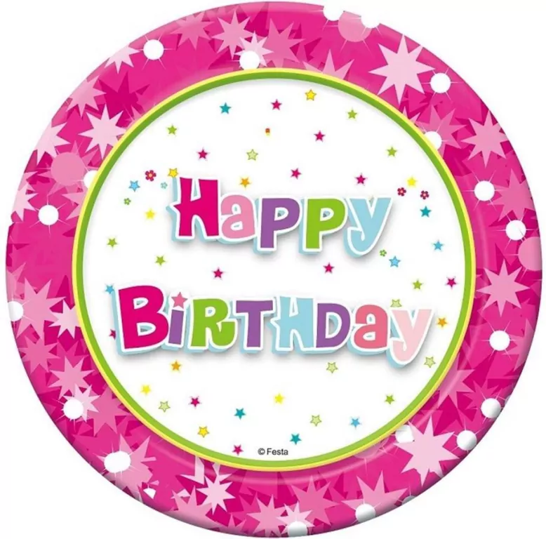 Talerzyki papierowe Happy Birthday róż 18cm - tantis.pl