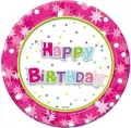 Talerzyki papierowe Happy Birthday róż 18cm - tantis.pl