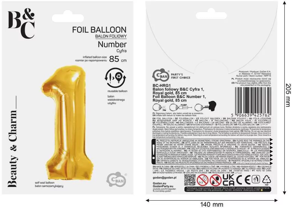 Balon foliowy B&C 1 Royal gold 85cm - tantis.pl