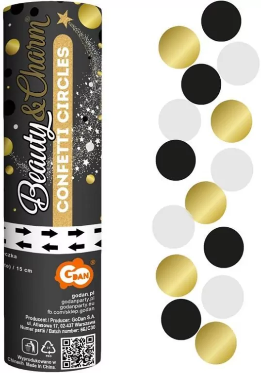 Konfetti pneumatyczne kółka czarne, złote.. 15cm - tantis.pl