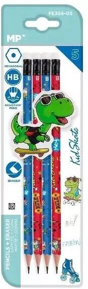 Ołówek sześciokątny HB z dodatk. gumką Dino 4szt - tantis.pl