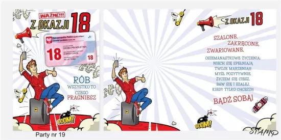 Karnet Party naklejany B6+koperta. Urodziny 18